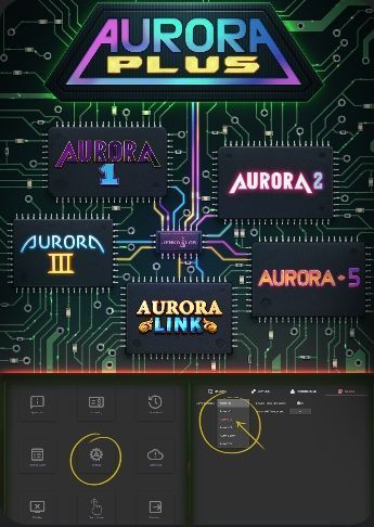 Aurora Plus neon circuit-board menu screen with four module options and highlighted icons
