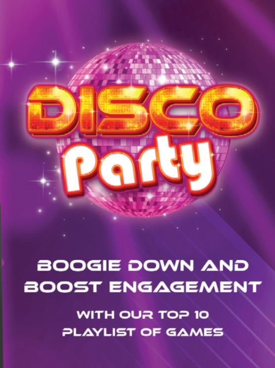 Purple disco party poster with neon title and text: “Boogie down and boost engagement”