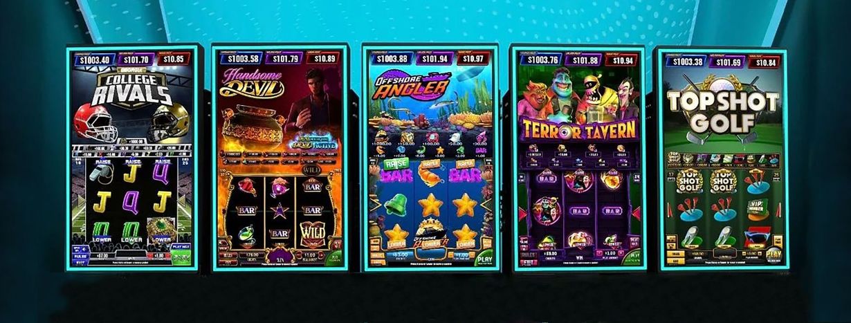 Five colorful tabletop game boxes lined up on a dark background, including one titled “TopShot Golf.”