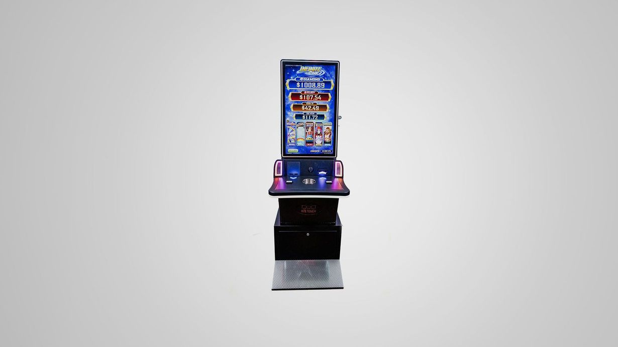 A small arcade game cabinet with a colorful screen and controls, isolated on a white background