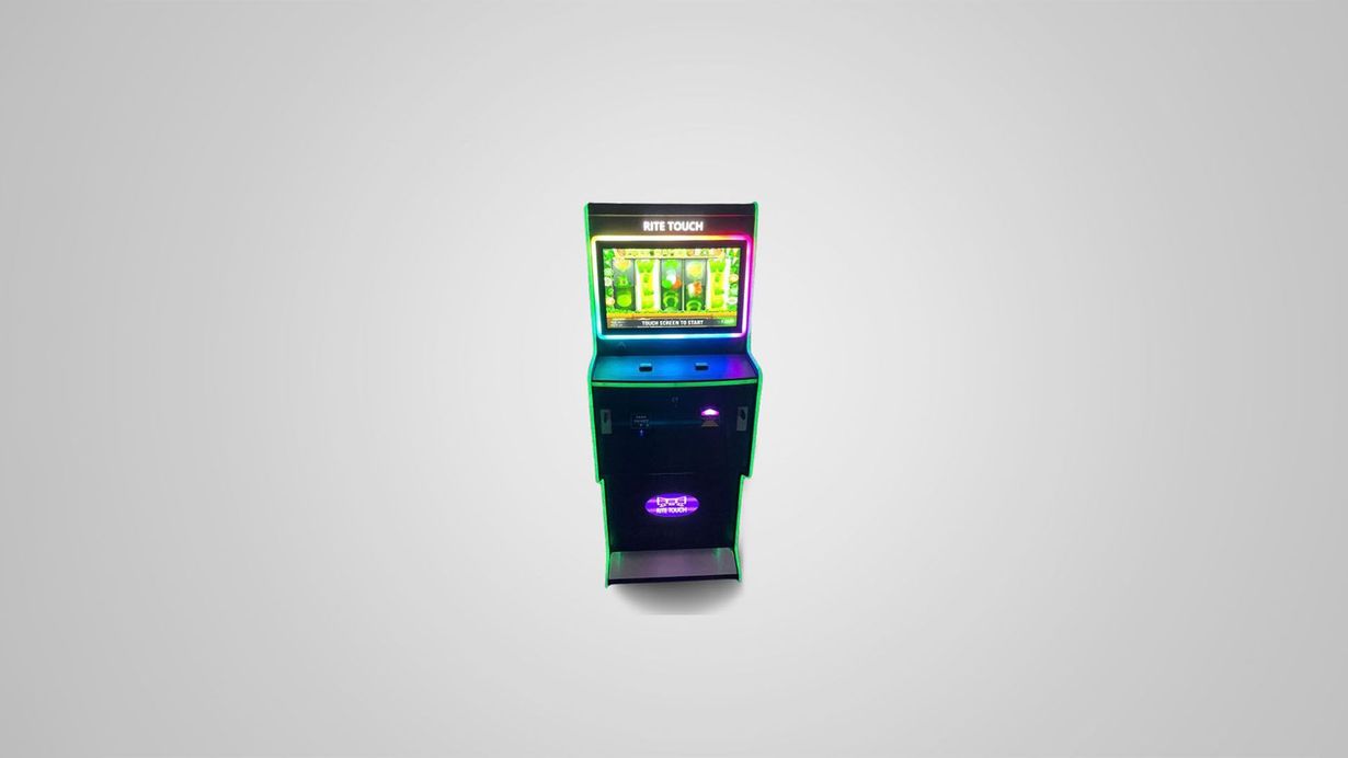 Small arcade game cabinet with a bright screen and colorful neon lighting on a plain background