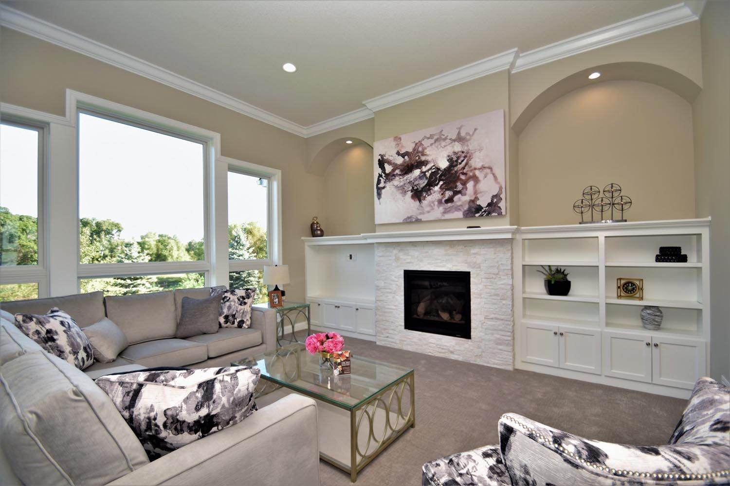 a living room with a fireplace and a couch