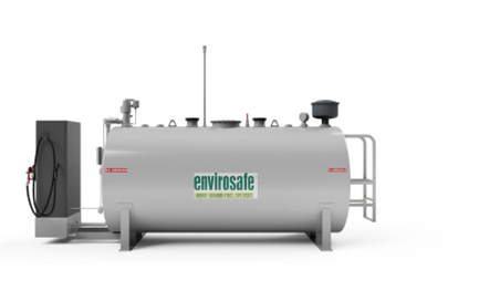 A large stainless steel tank with the word envirosafe on it.