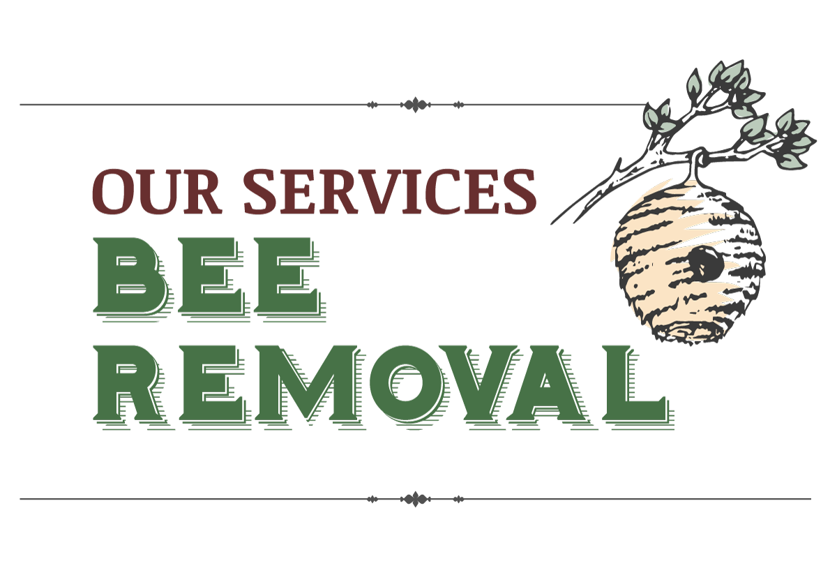 a logo for our services bee removal with a picture of a beehive