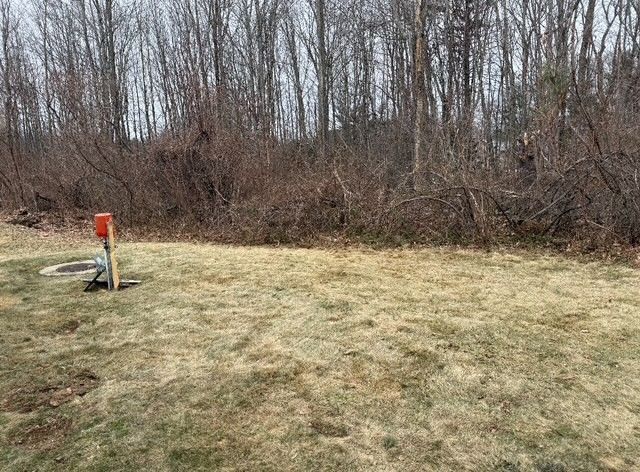 Red utility post in a grassy field beside leafless trees and brush.
