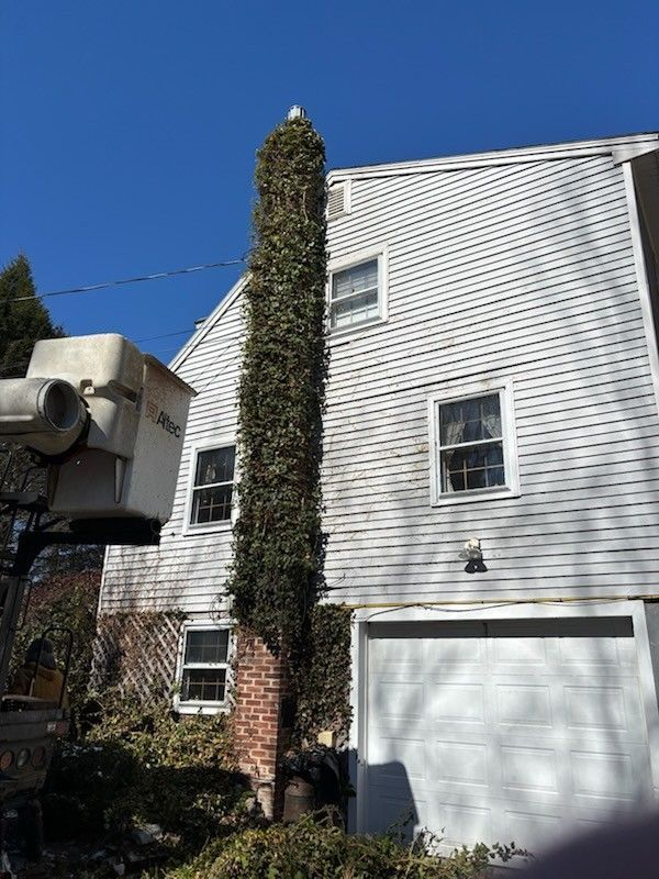 White house with a tall ivy-covered chimney and a garage under a blue sky