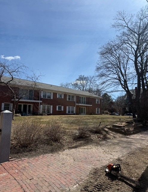 Red brick apartment building with bare trees and a brick path on a sunny day