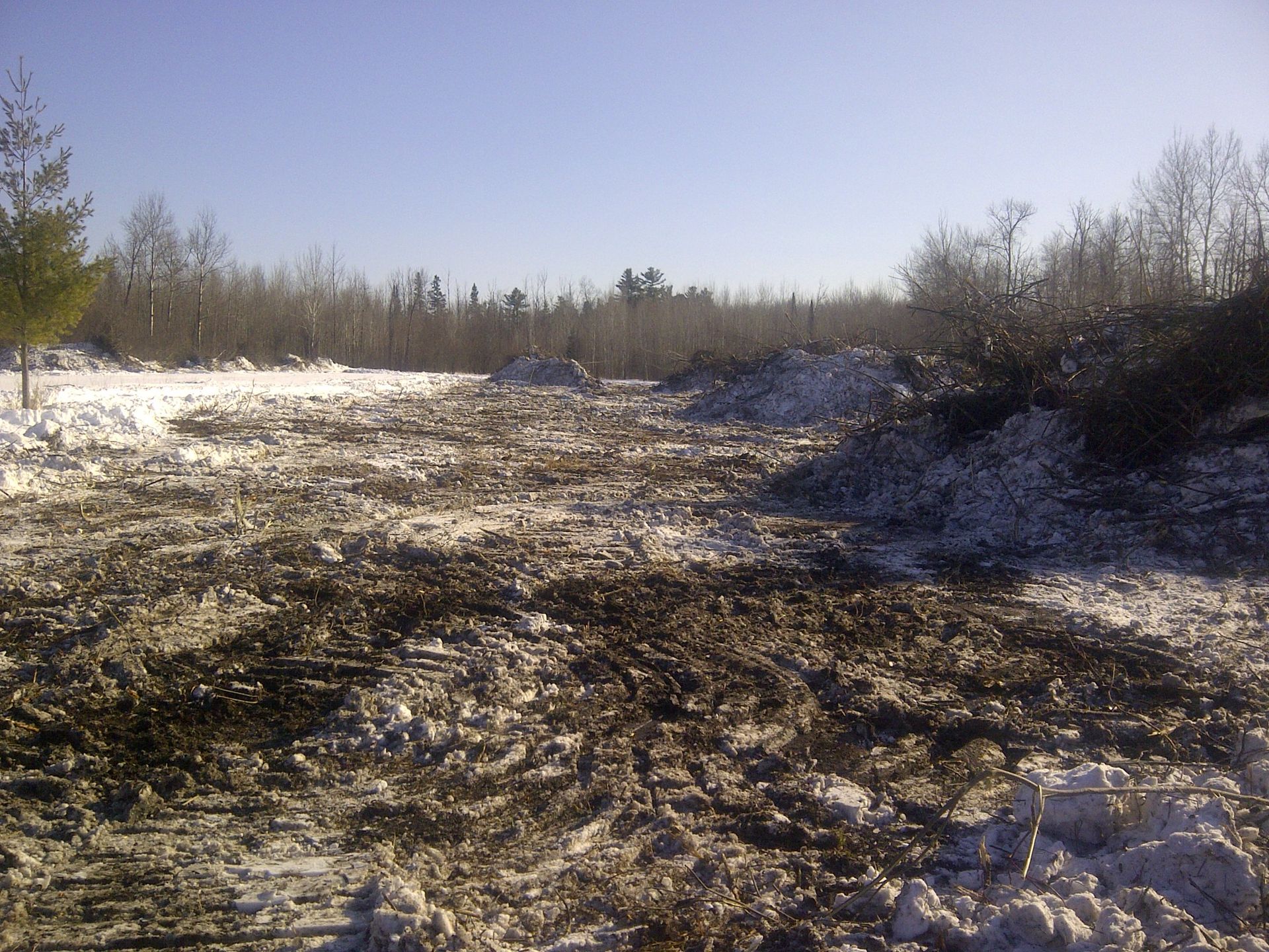 A muddy field with snow on the ground and trees in the background