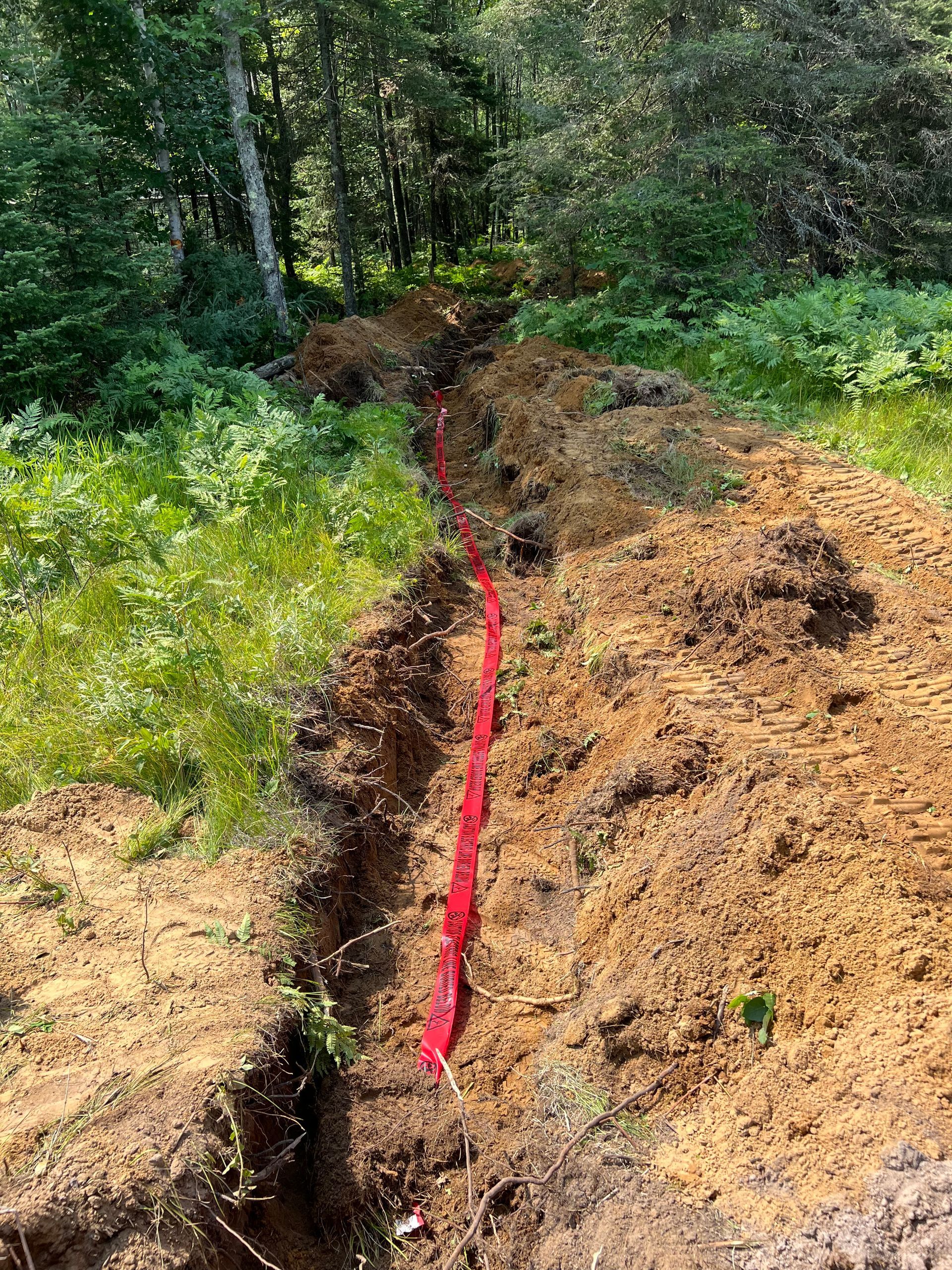A red pipe is laying in the dirt in the middle of a forest.
