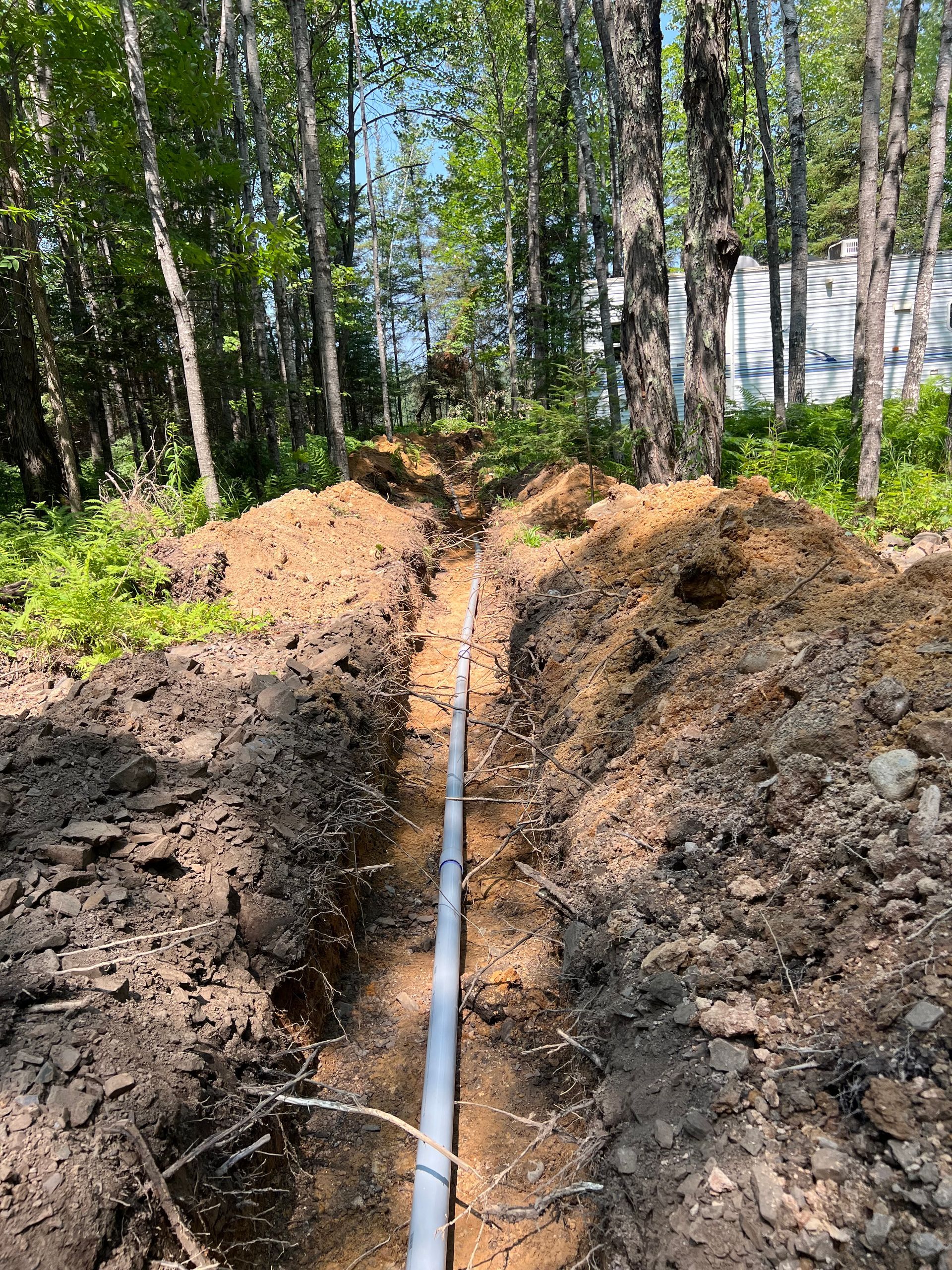 A pipe is being installed in the dirt in the middle of a forest.