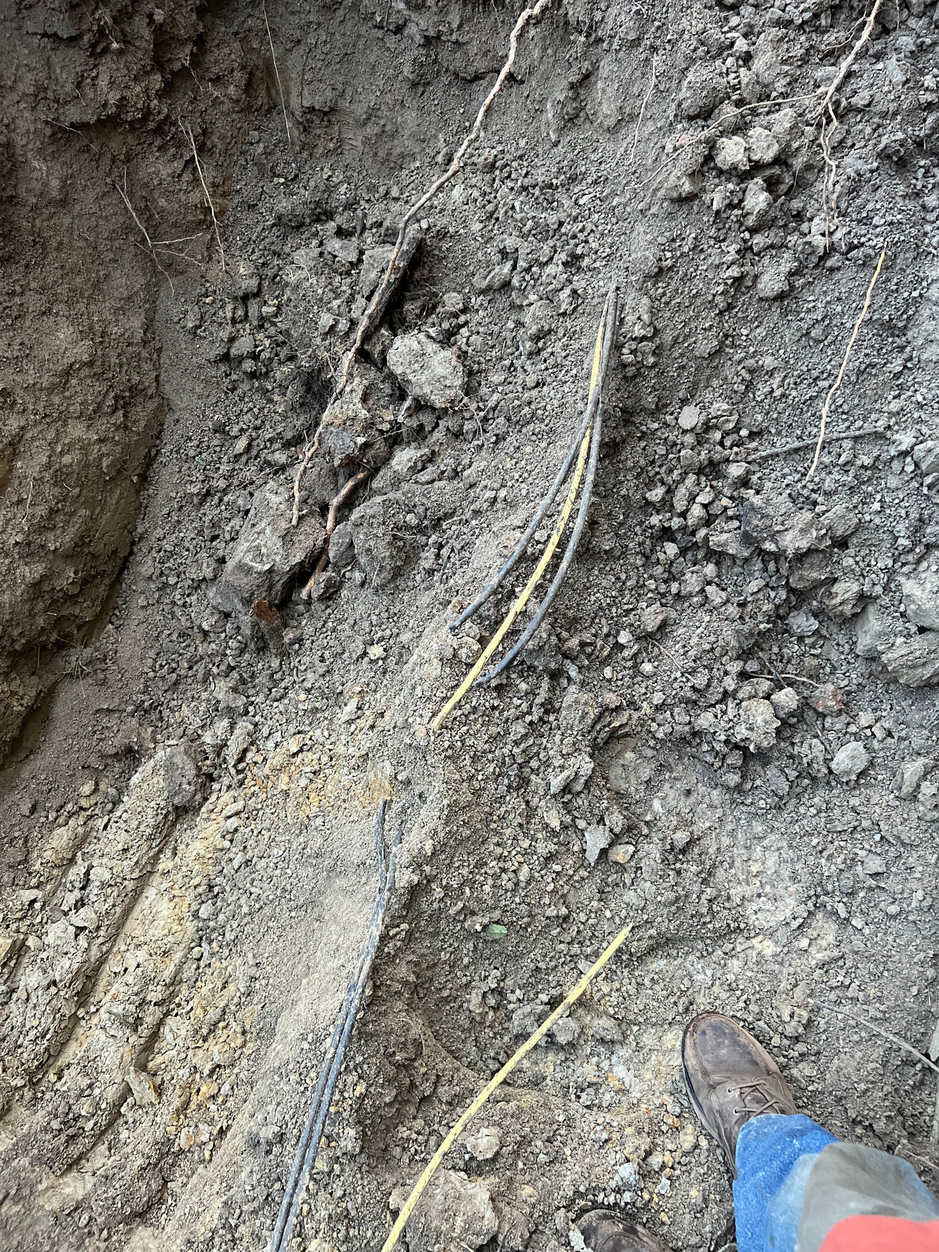 A person is standing in the dirt next to a wire.