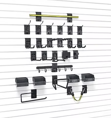 Black wall-mounted storage system with various hooks, holders, and a towel rack on a white slatted wall.