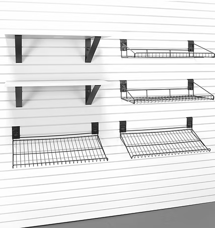 White slatted wall with black brackets and wire shelves. Some shelves are solid, others are wire baskets.