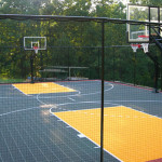 Outdoor basketball court with two hoops and yellow painted key areas behind a chain-link fence