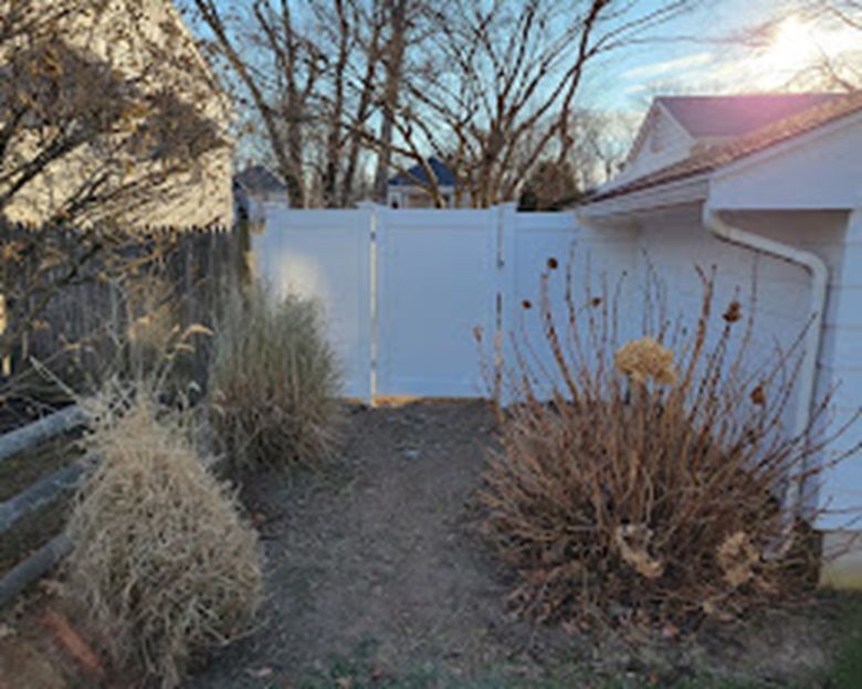 Narrow backyard path between shrubs leading to a white fence and house in winter light