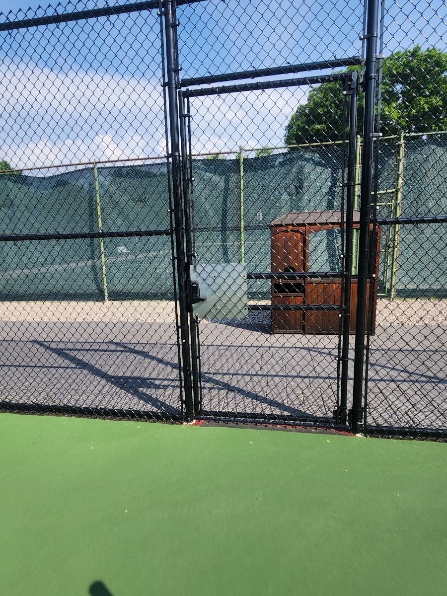 Blue and green outdoor tennis courts under a clear sky, with trees along the edge