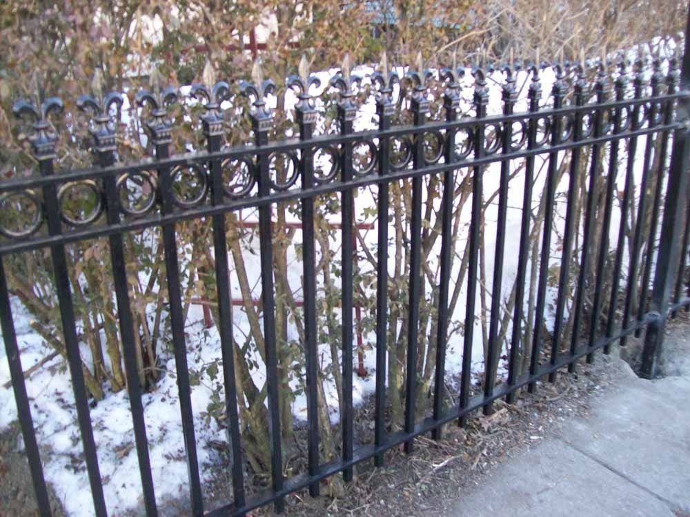 Black iron fence beside a snowy path with trees in the background