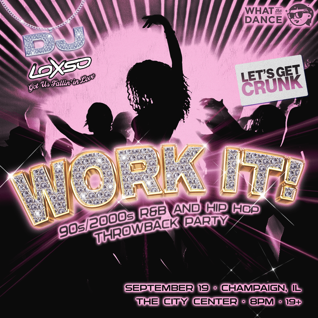 Pink flyer for “WORK IT!” 90s/2000s throwback party with dancing silhouette and event details