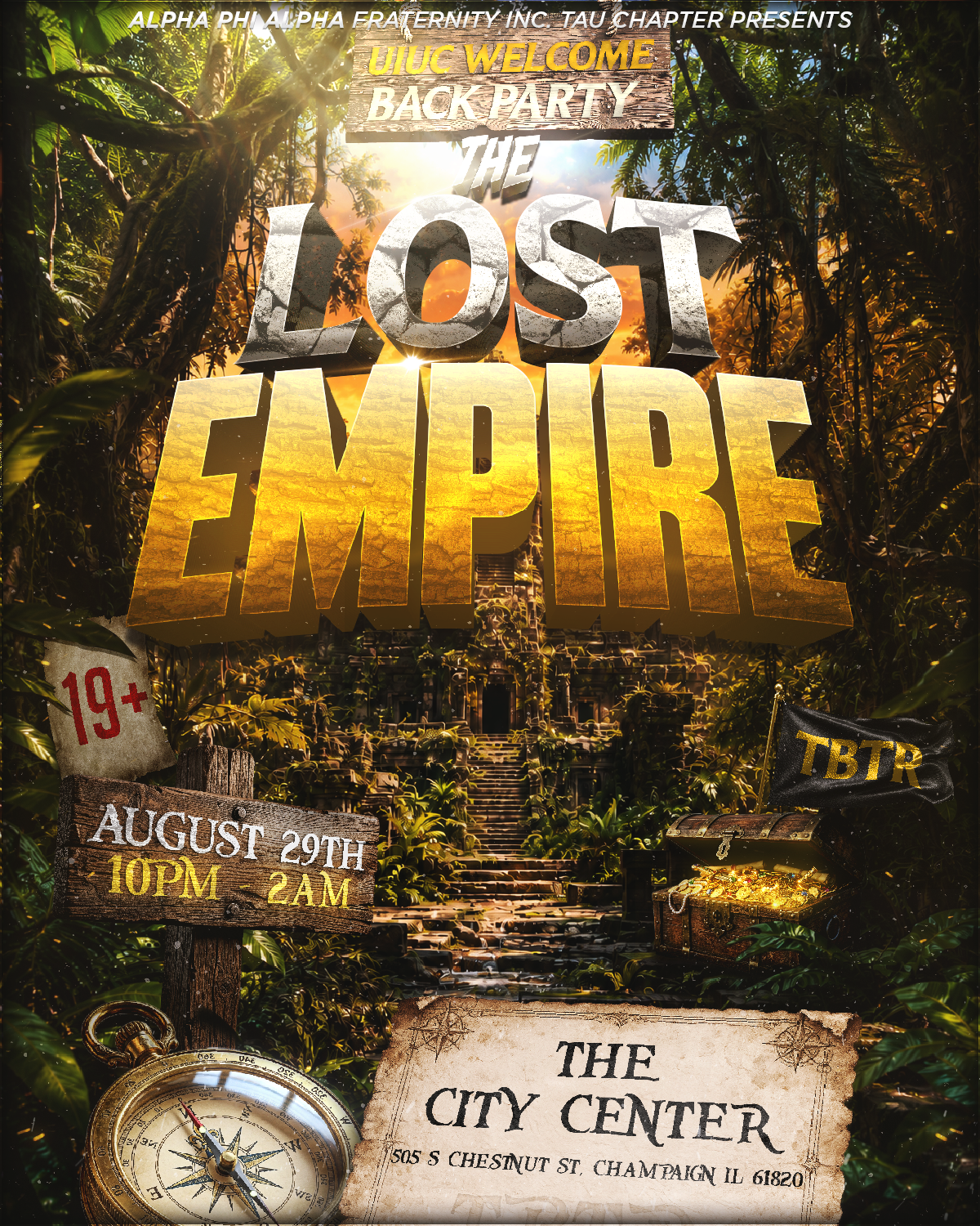 Jungle-themed event poster reading Backyard to the Lost Empire with dates, time, and The City Center logo