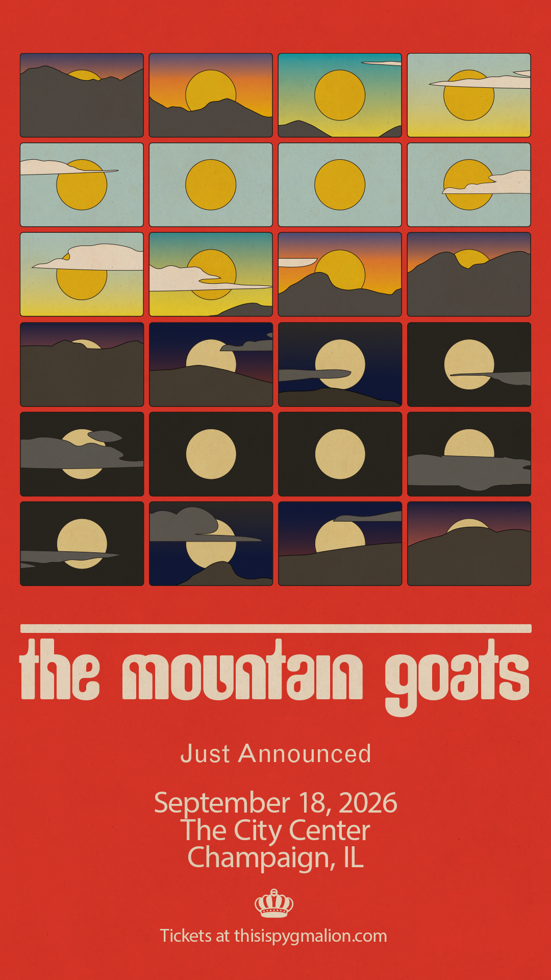 Red poster for The Mountain Goats with a grid of sunset-like illustrations and concert details below