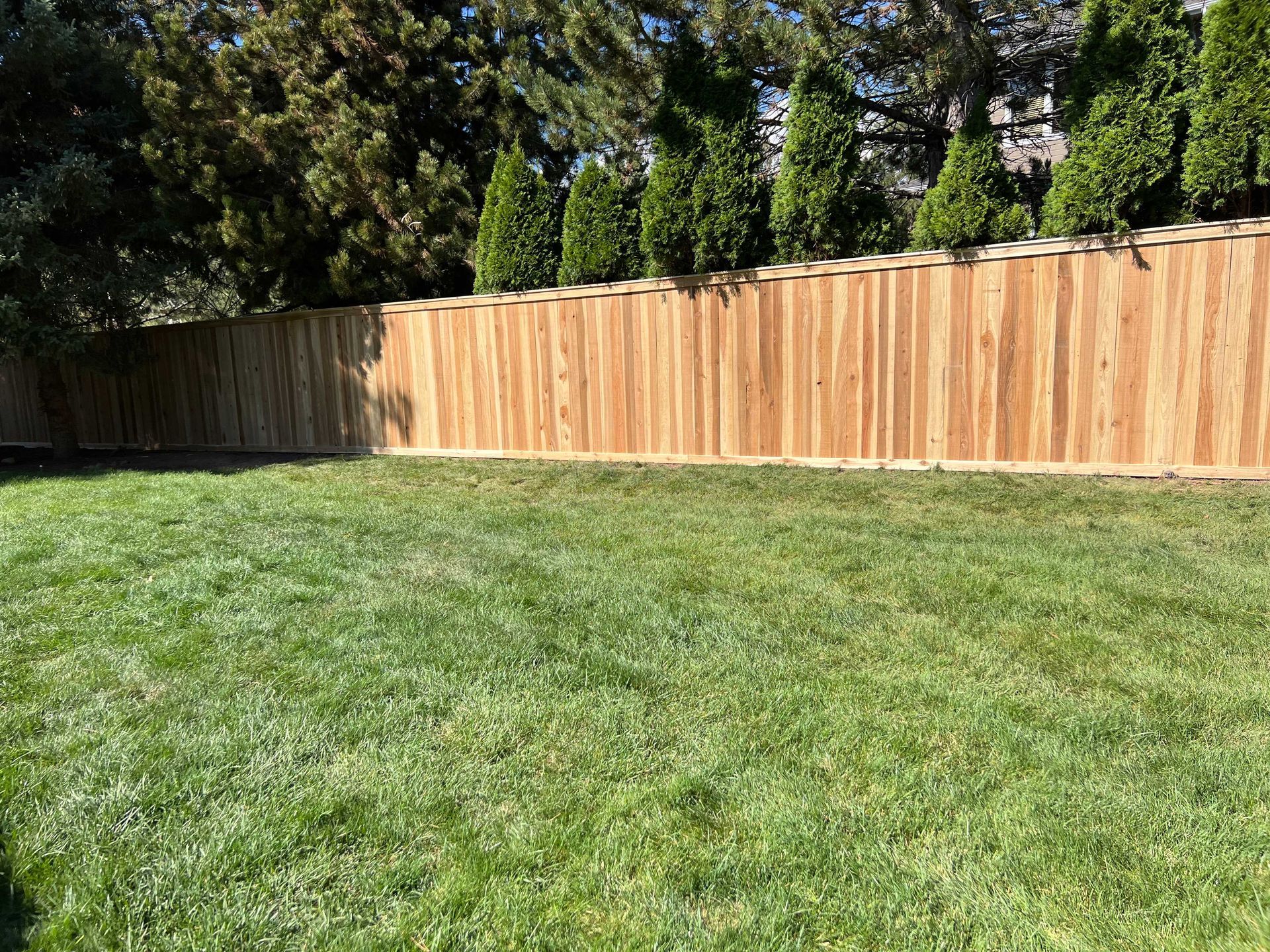 A wooden fence surrounds a green lawn with trees in the background.