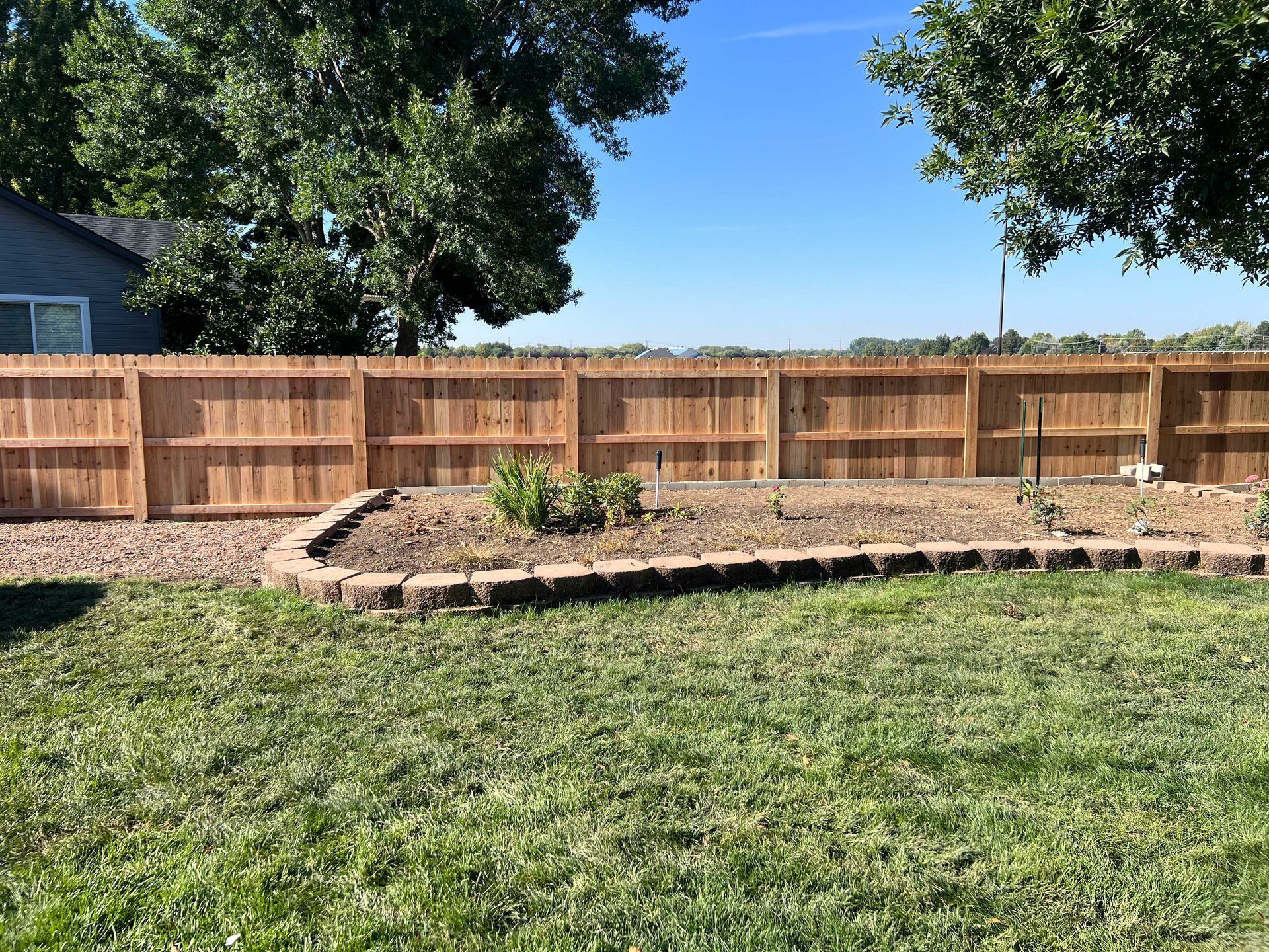 Backyard with a brown wooden fence, garden bed, and green lawn under a blue sky.