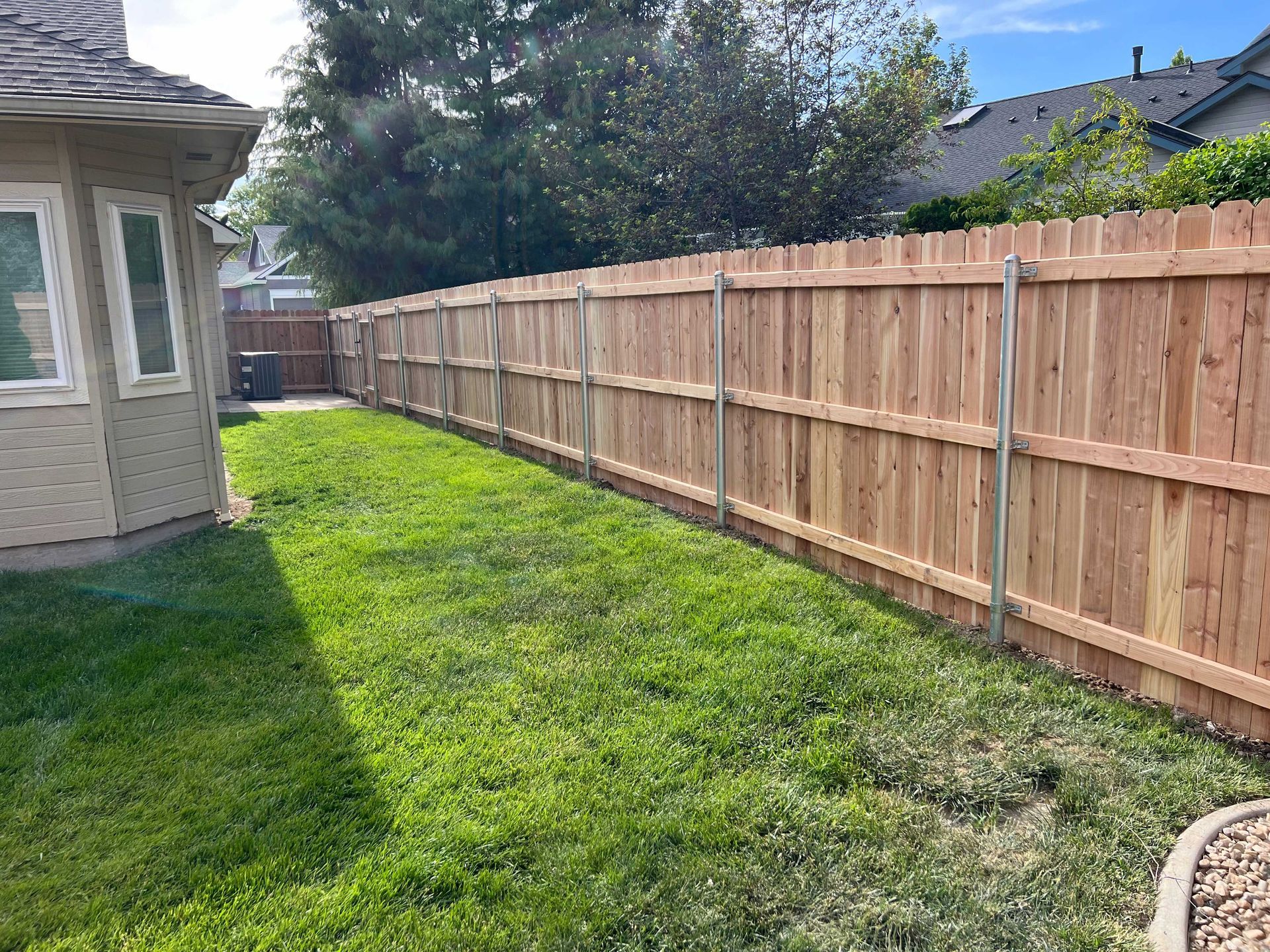 A backyard with a wooden fence and green grass under a blue sky.