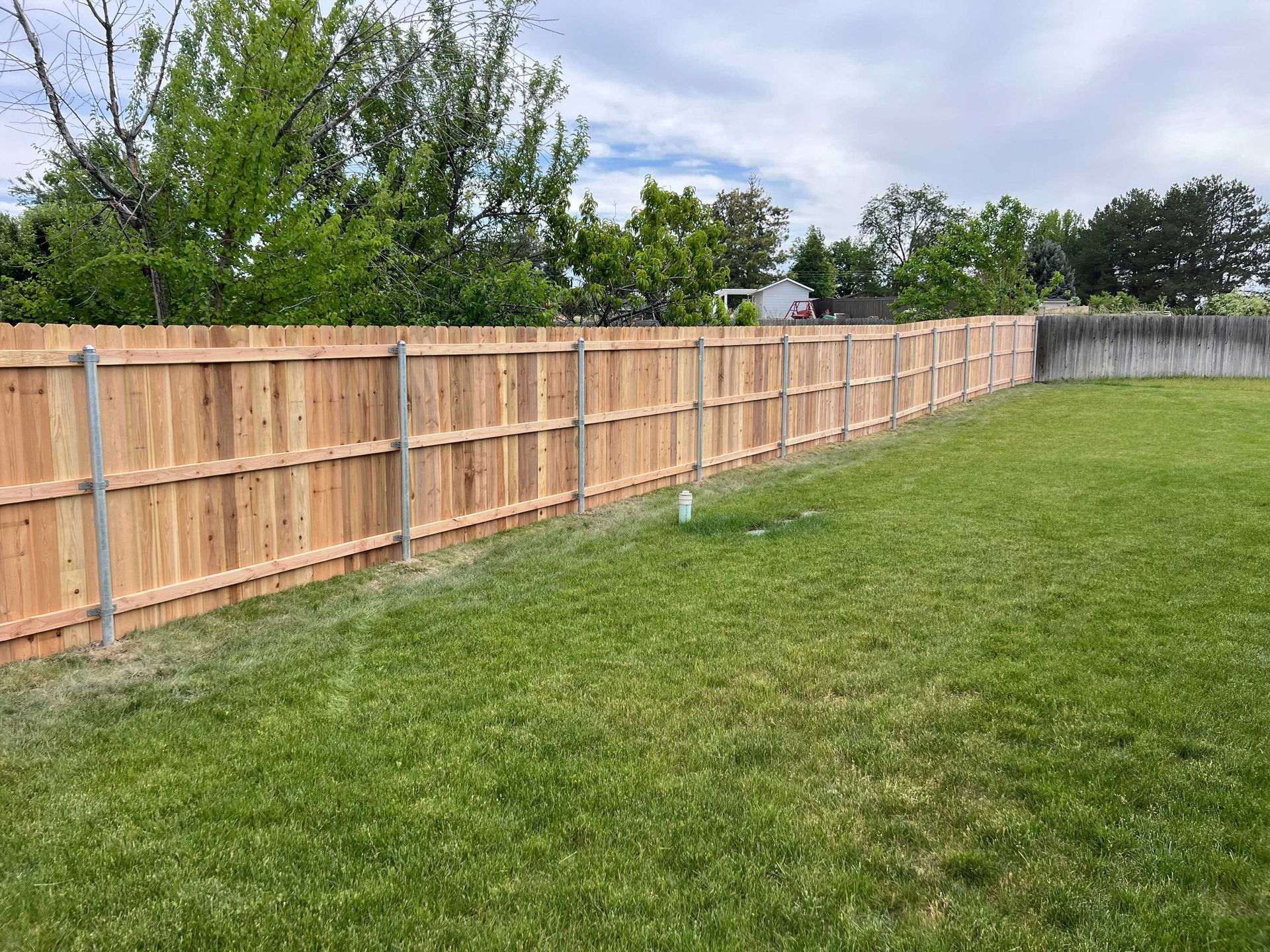 Wooden fence in a grassy backyard, extending along the perimeter with trees and a cloudy sky.