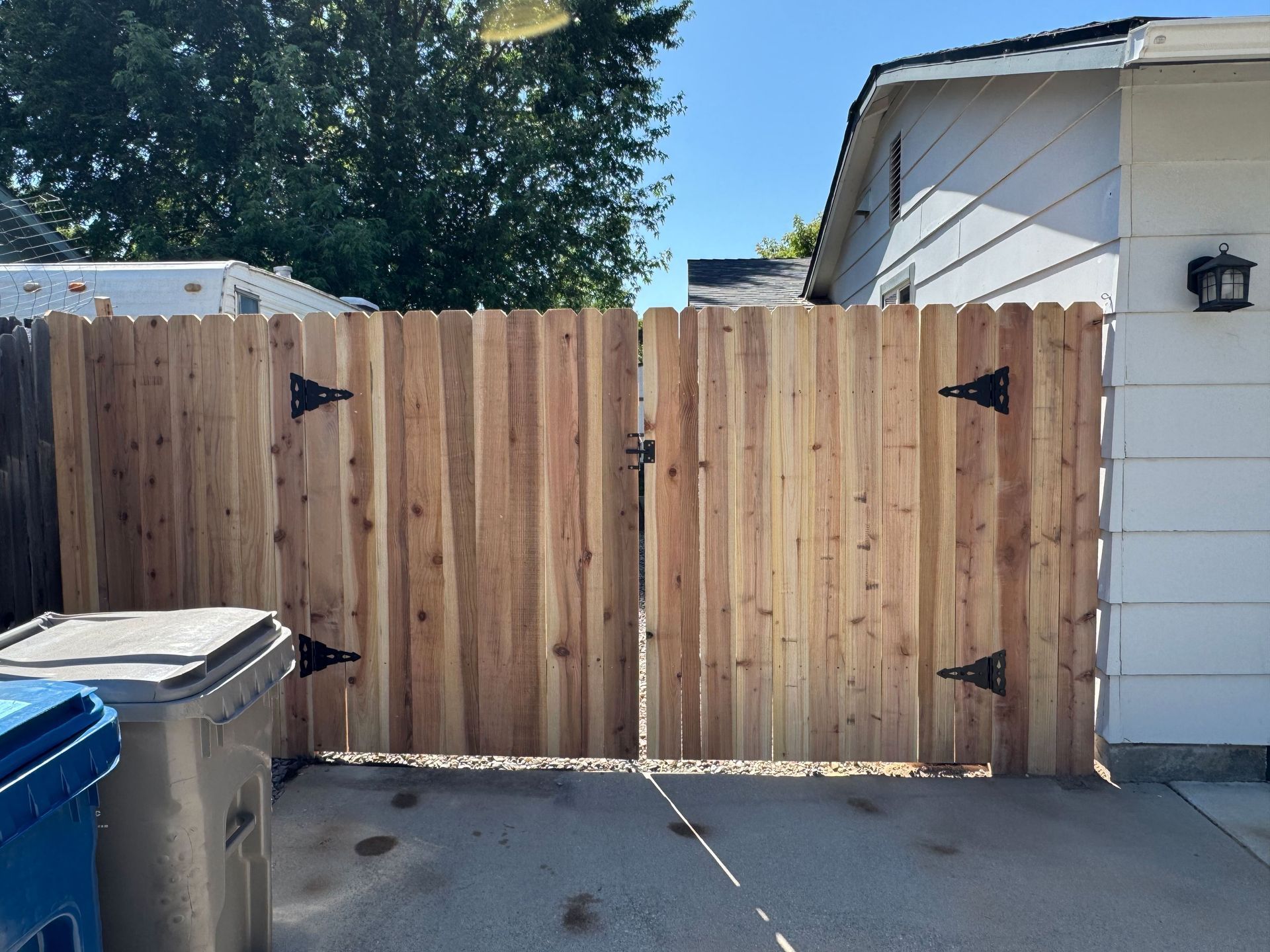 Wooden double gate in a backyard, with black hinges and a lock.