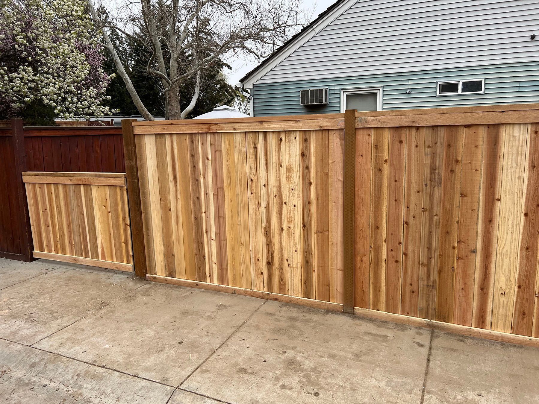 Wooden fence in a residential setting, with a concrete sidewalk in front.