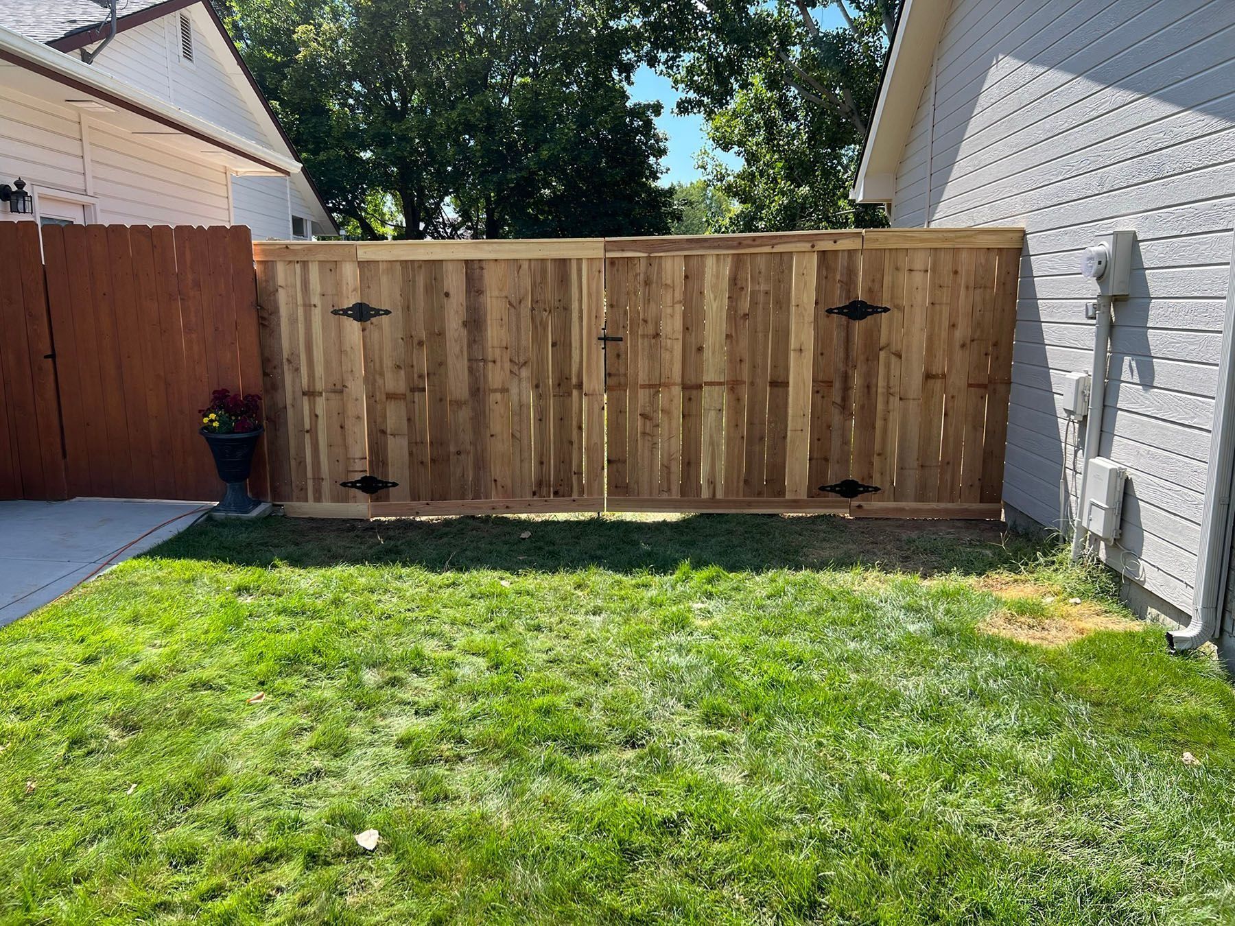 Wooden backyard gate between two houses, set in green grass.