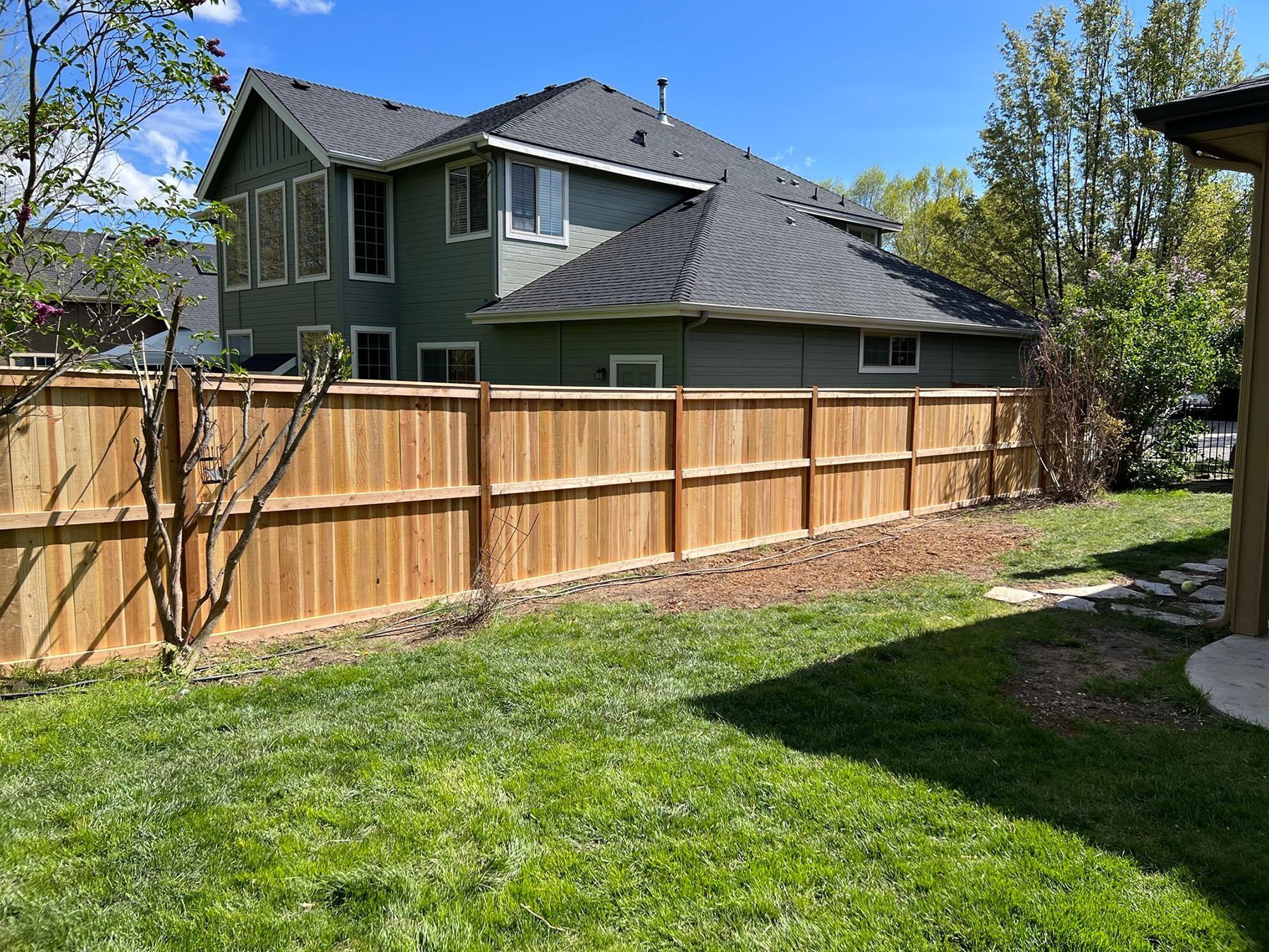 Wooden fence encloses a backyard with green grass, a house, and a clear blue sky.