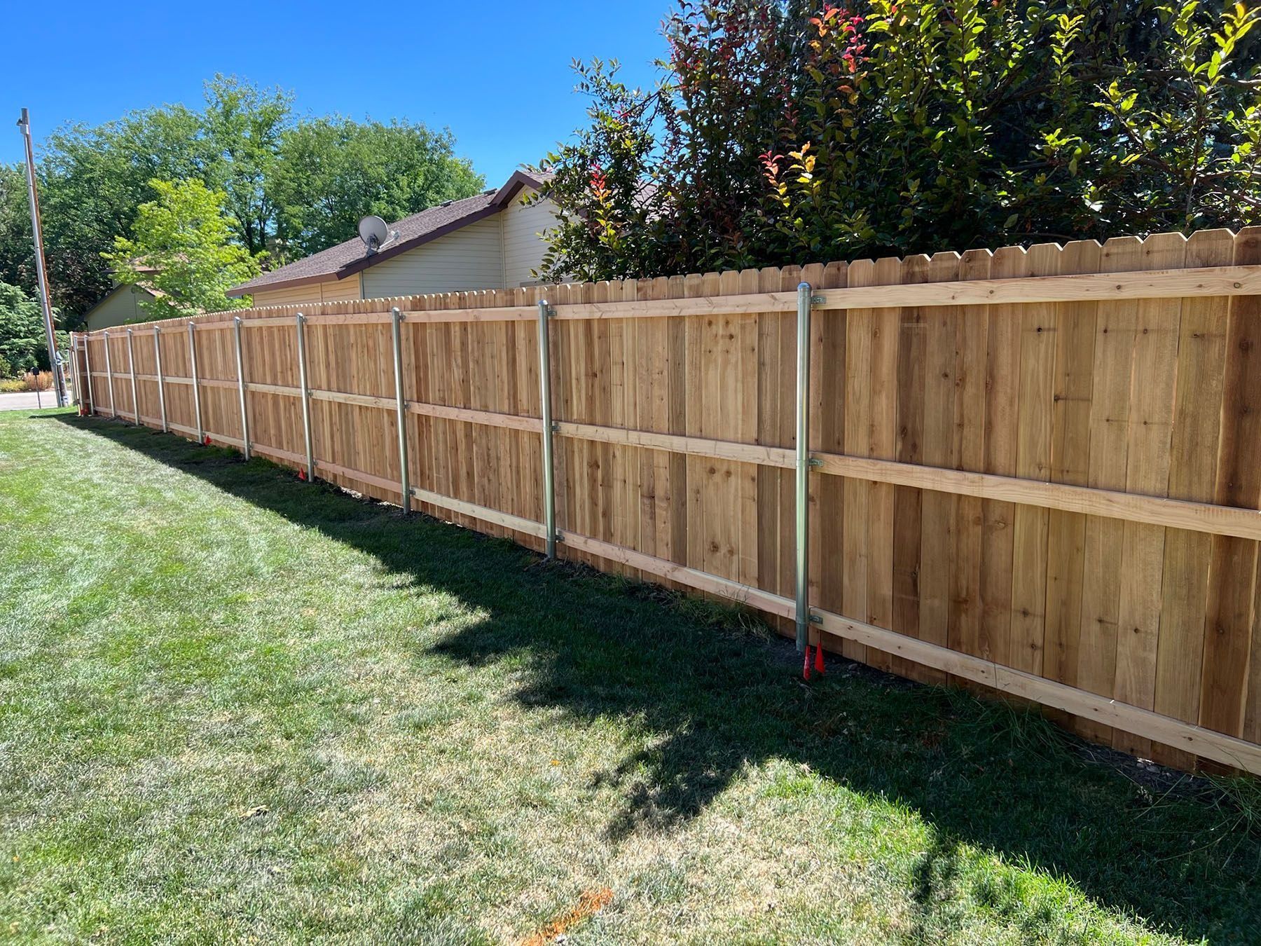 Wooden fence in a backyard with green grass and trees in the background under a bright, sunny sky.