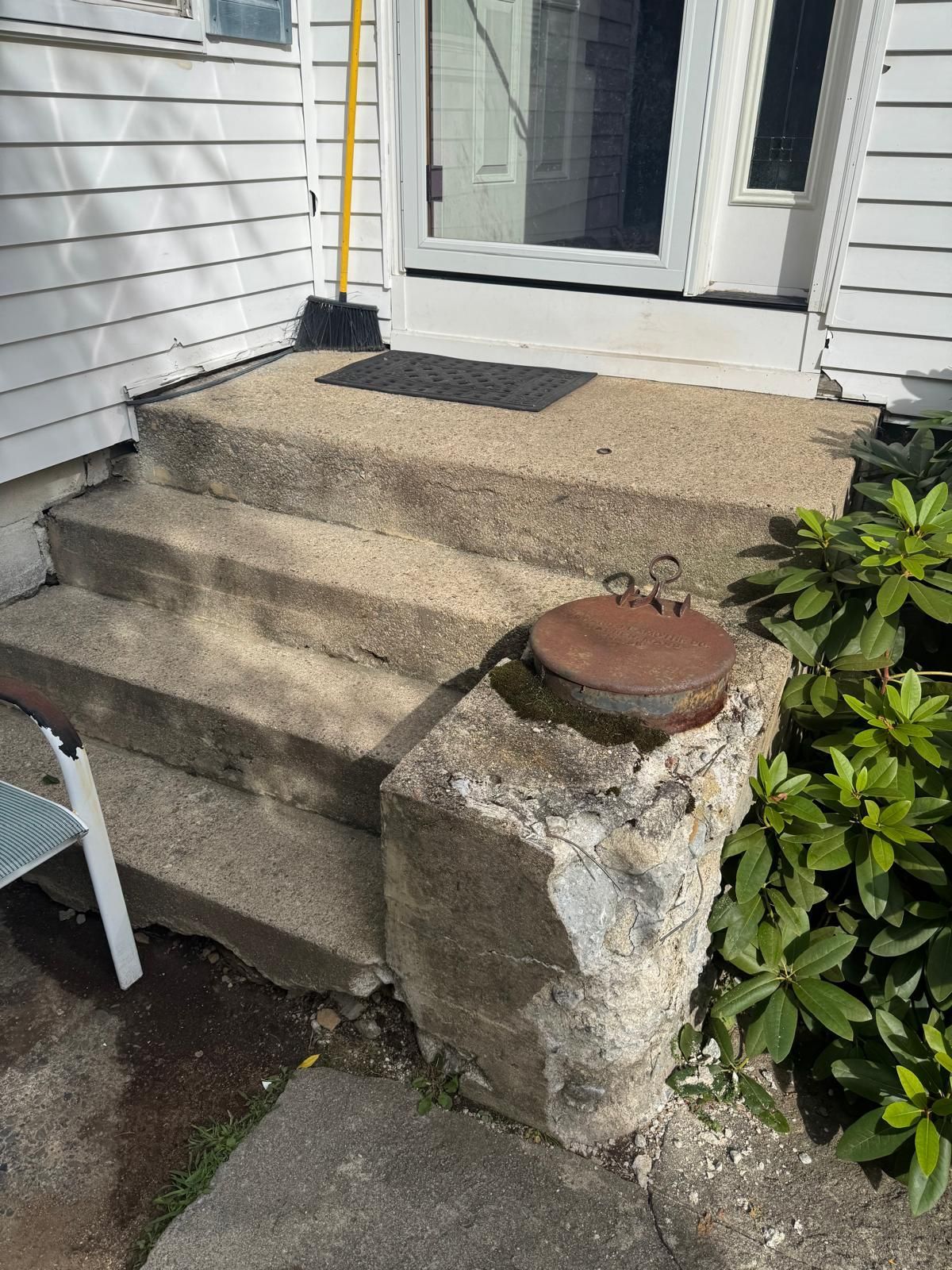 Concrete front steps leading to a white house door, with a handrail and overgrown shrubs beside them