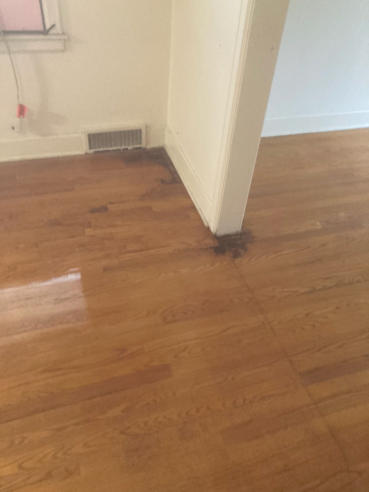 A room with hardwood floors and a white wall.