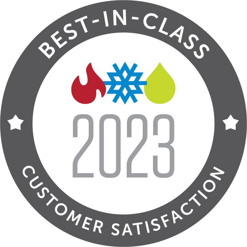 A circular Best-in-Class 2023 badge for customer satisfaction featuring red fire, blue snowflake, and green water icons.
