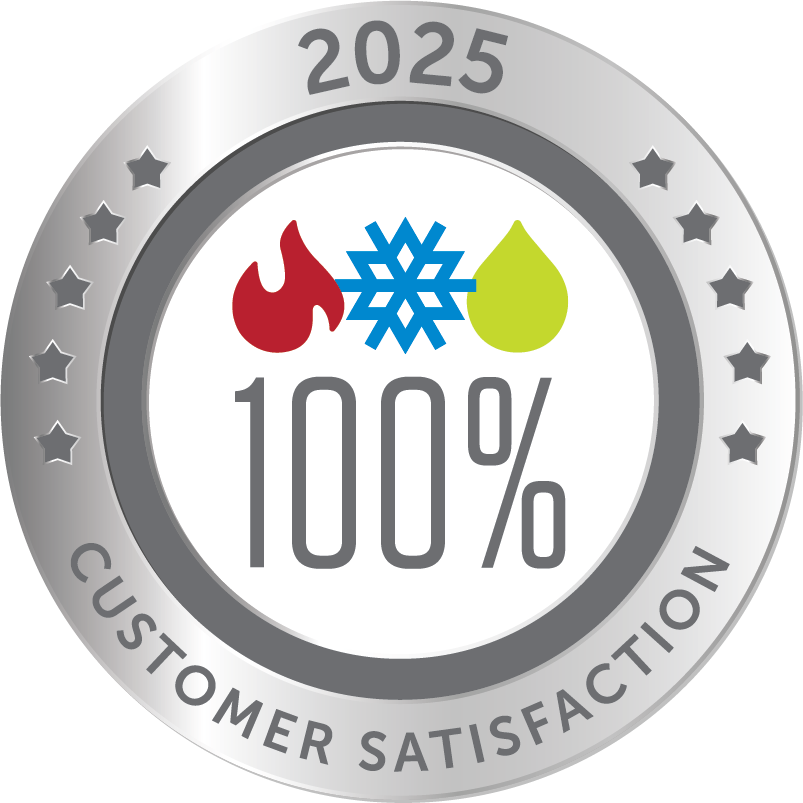 A silver 2025 badge with icons for heat, cold, and water, stating 