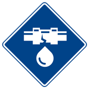 A blue diamond shaped sign with a broken pipe and a drop of water