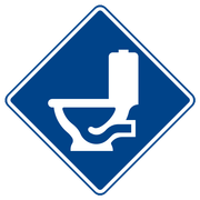 A blue sign with a white toilet on it