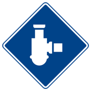 A blue sign with a white icon of a pipe on it