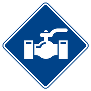 A blue diamond shaped sign with a white icon of a valve