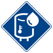 A blue sign with a white icon of a water tank and a drop of water