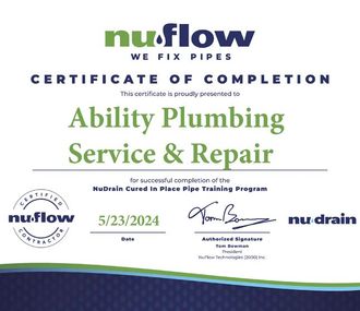 A certificate of completion for ability plumbing service and repair