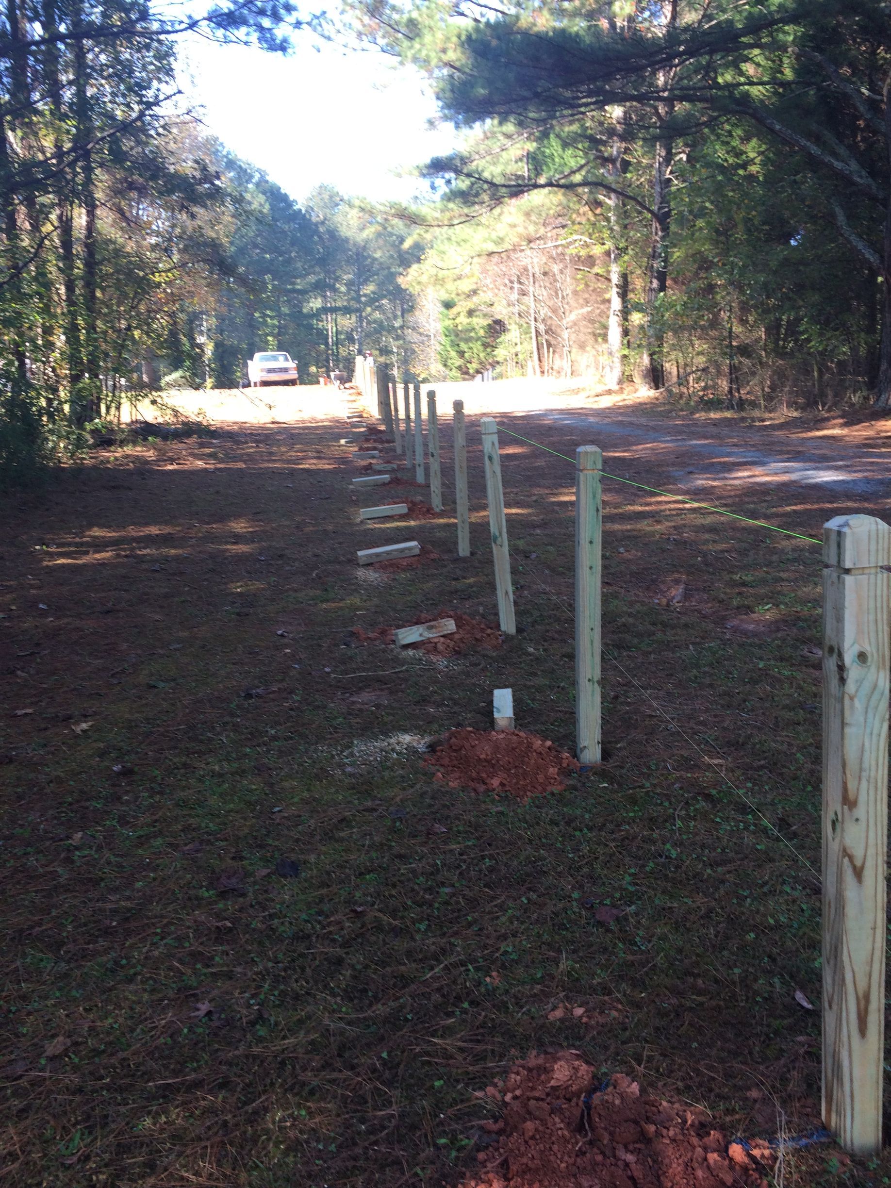 Row of fence posts set in ground, extending towards a road in a wooded area.