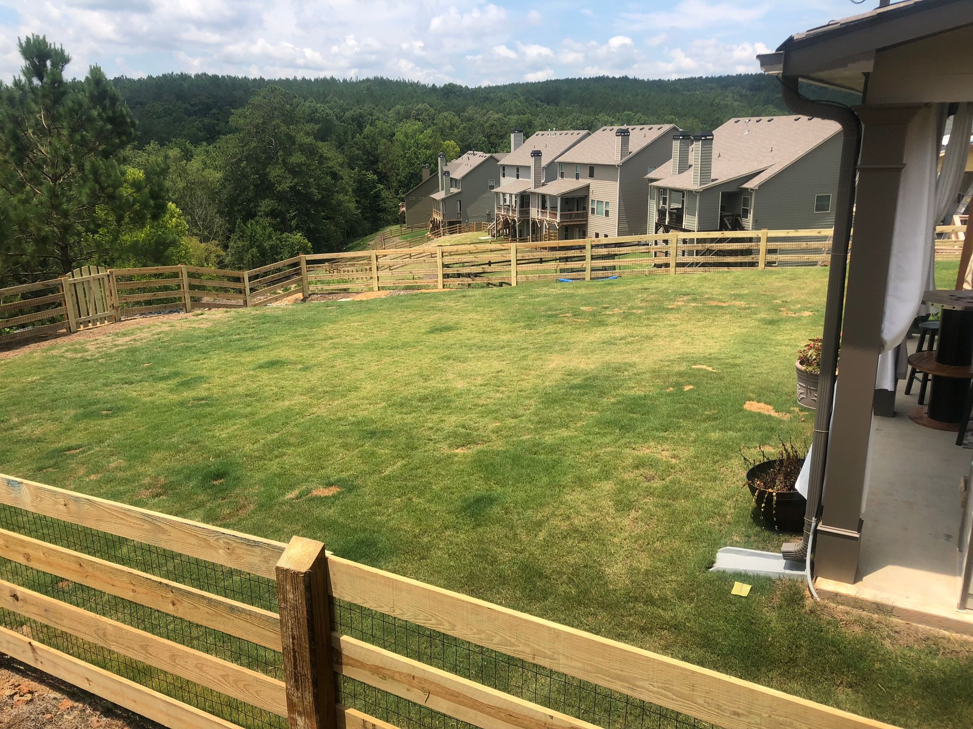 A grassy backyard with a wooden fence. Townhouses in the background and a patio to the right. Green trees and a blue sky.