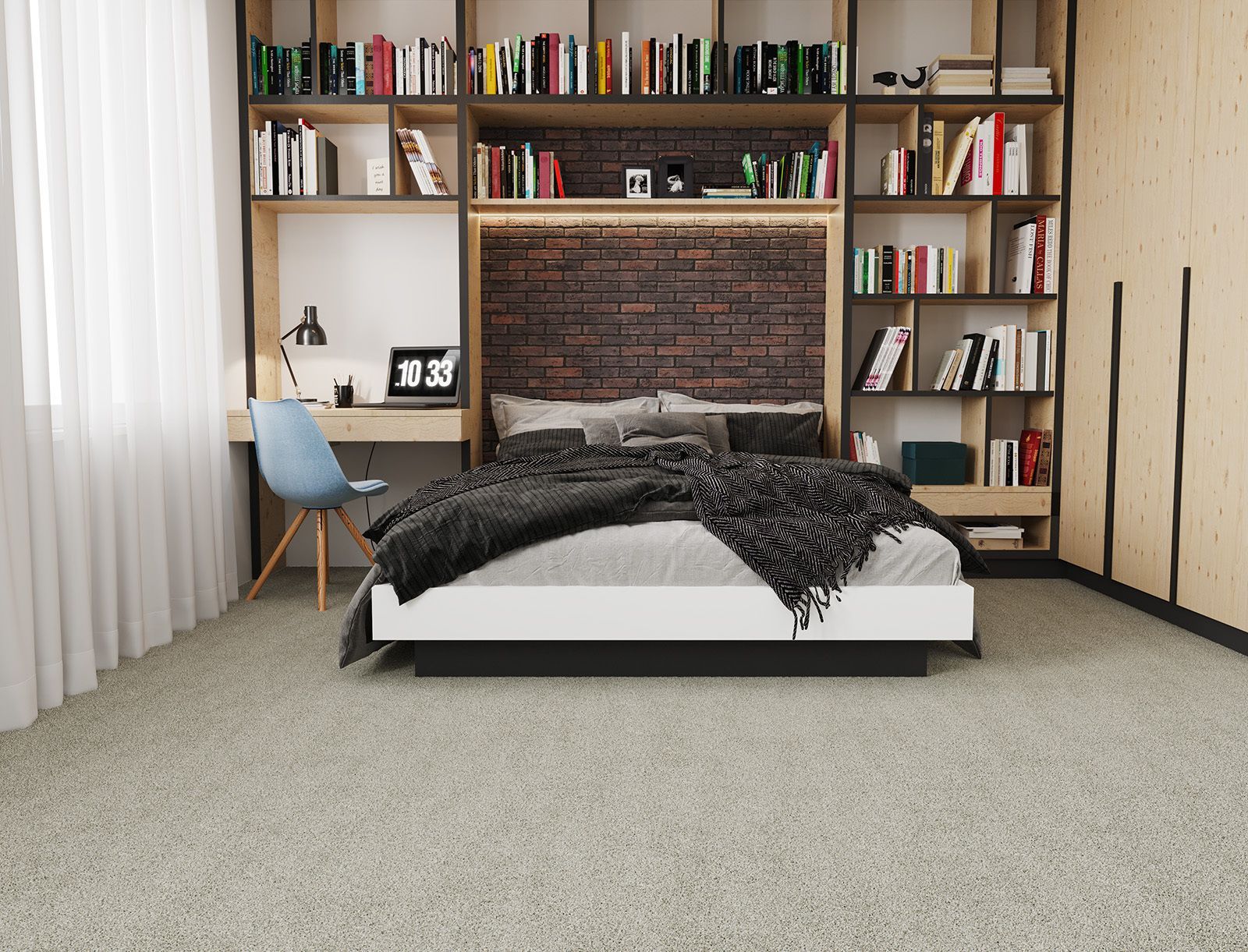 Bedroom with bed, desk, bookshelf, and light-colored carpet.