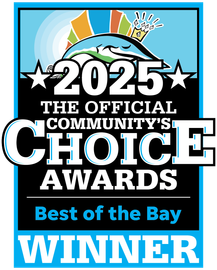 2025 Community's Choice Awards Best of the Bay Winner badge in blue, black, and white
