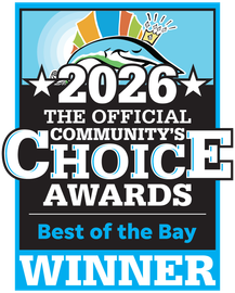 2026 Community's Choice Awards Best of the Bay Winner badge in blue, black, and white