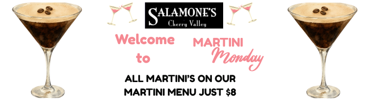 A poster for salamone 's cherry valley shows a martini and a bowl of food