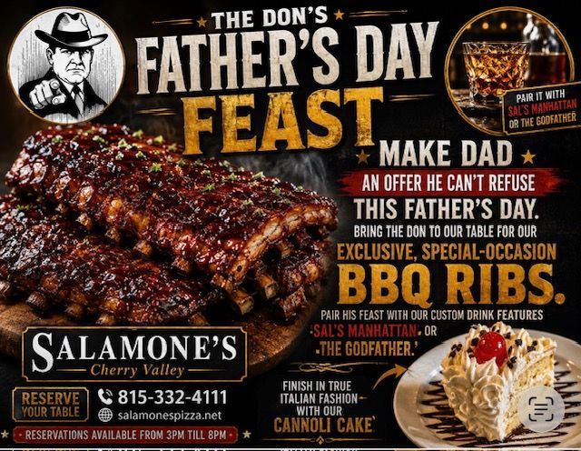 A poster for salamone 's cherry valley shows a martini and a bowl of food